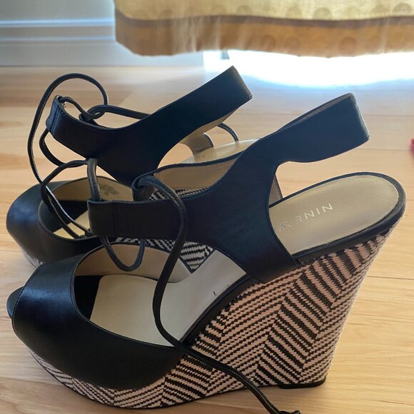 Nine West Black Leather Wedge Sandals - Picture 1 of 4